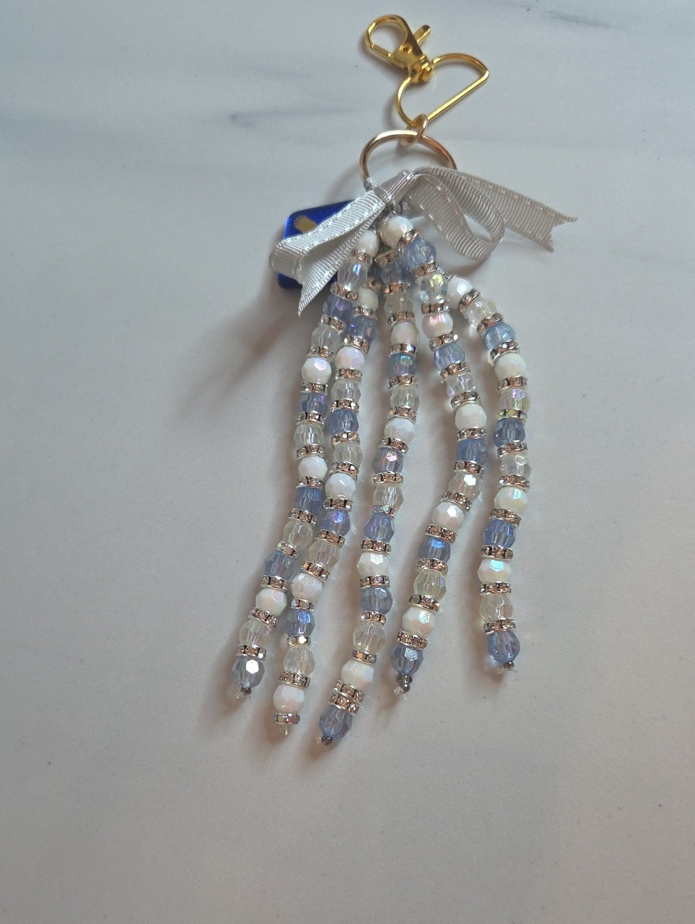 Handmade Silver & Light Blue Beaded Tassel Bag Charm